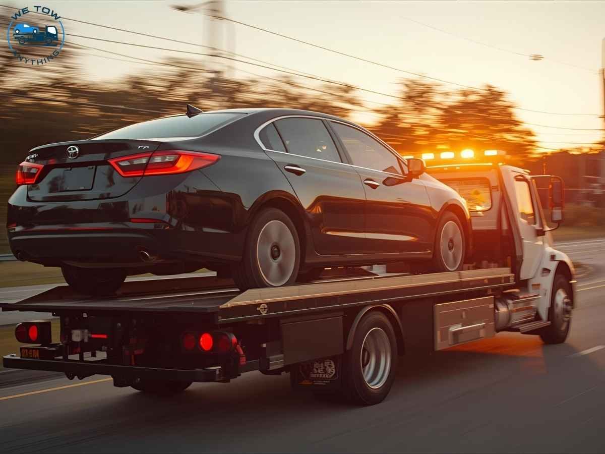 Sedan loaded onto flatbed tow truck