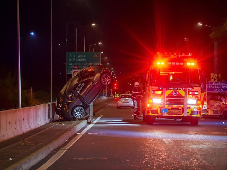 Accident scene recovery truck on CityLink emergency lane removing overturned car at night