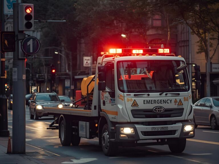 Emergency flatbed tow truck near me in Melbourne CBD under city lights with warning beacons