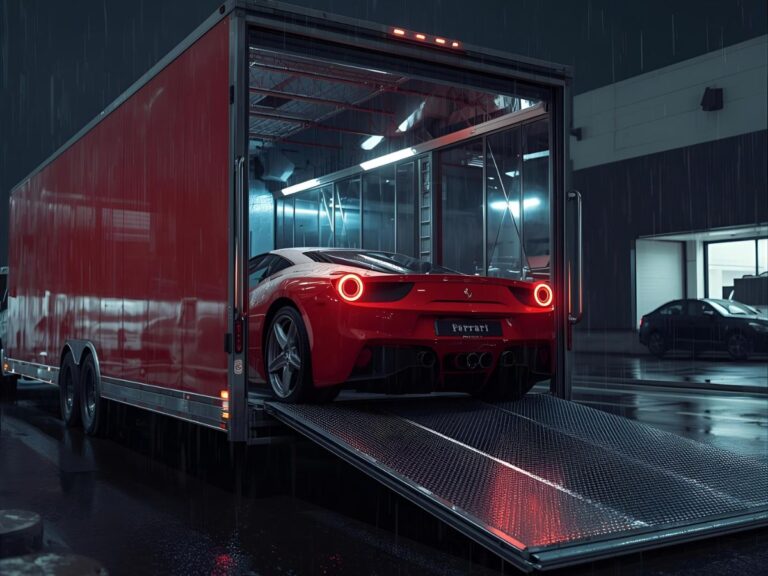 Enclosed trailer loading a Ferrari in South Yarra luxury dealership with hydraulic lift and climate control
