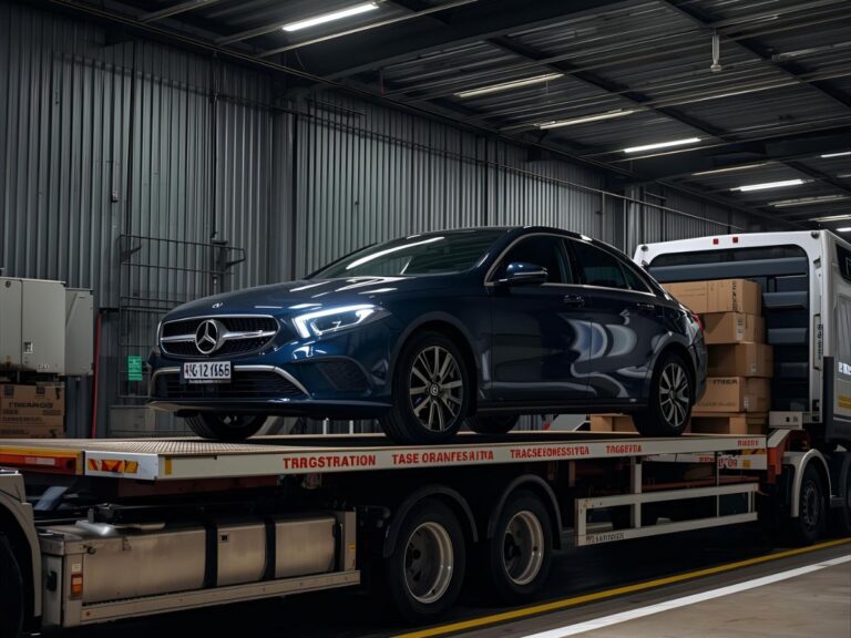Flatbed carrier loading a sedan at Docklands freight terminal for regional Victoria transport