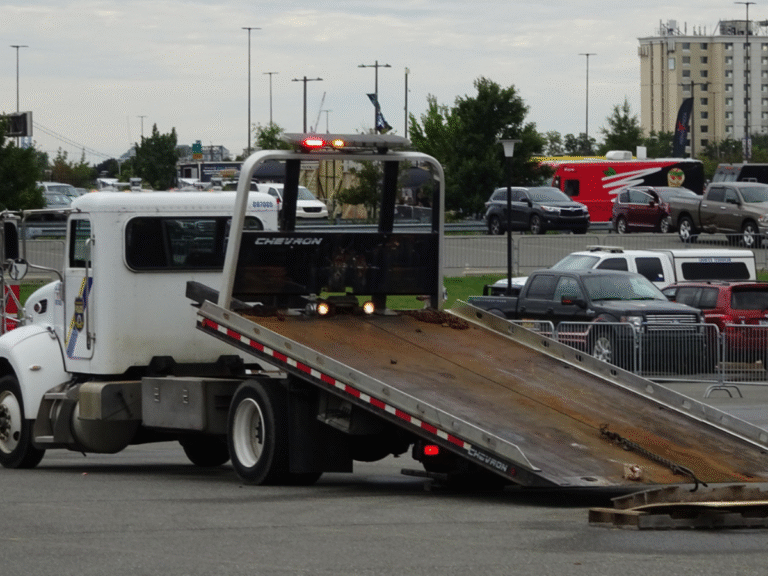 Flatbed tow truck loading a car on Bay Street Port Melbourne near cafes