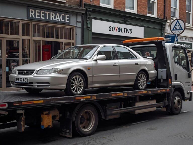 Flatbed tow truck loading a car on Sydney Road Brunswick outside retail shops