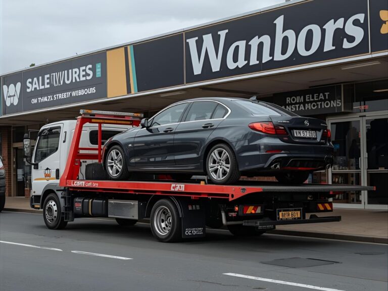 Flatbed tow truck loading a car on Watton Street Werribee outside retail shops
