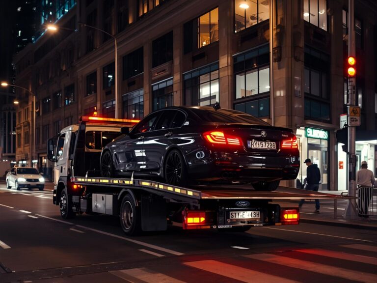Flatbed tow truck loading a sedan in Melbourne CBD Collins Street at night