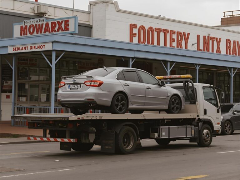 Flatbed tow truck loading sedan on Barkly Street Footscray outside Footscray Market