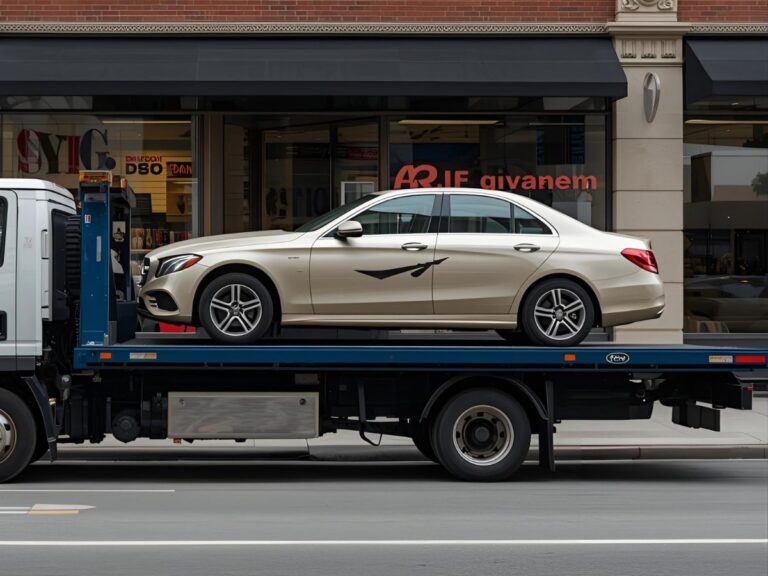 Flatbed tow truck loading sedan on High Street Preston outside retail shops