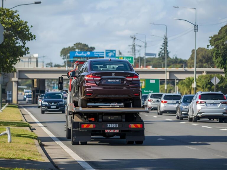 Flatbed tow truck loading sedan on Keilor Road Essendon near Essendon DFO