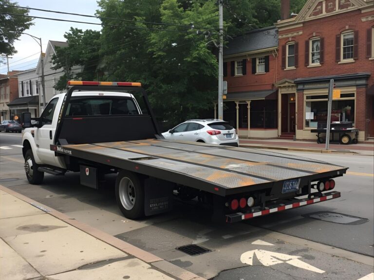 Flatbed tow truck loading sedan on Whitehorse Road Box Hill outside retail shops