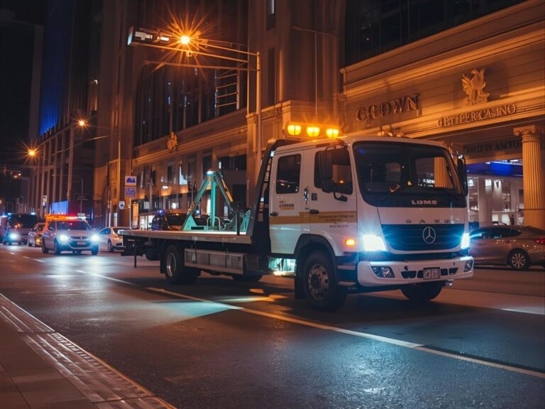 Flatbed tow truck loading vehicle near Crown Casino Southbank under city lights