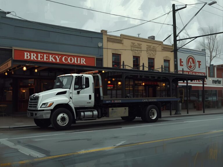Flatbed tow truck loading vehicle on Smith Street Collingwood with cafe storefronts