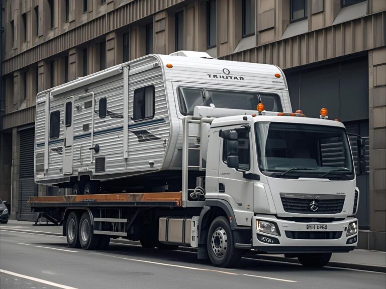 Heavy‑duty tilt‑tray truck loading a touring caravan in Melbourne CBD with extended deck and hydraulic stabilizers