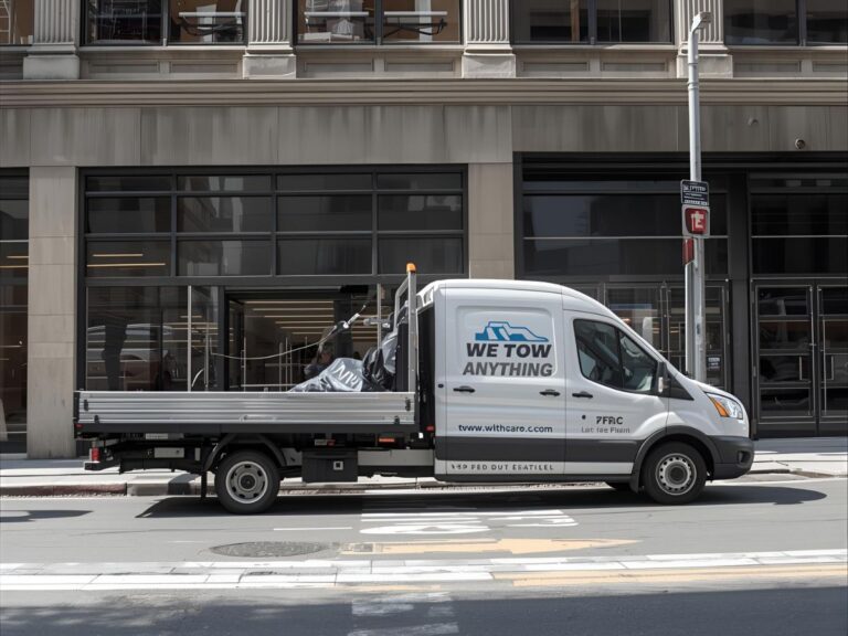 Tilt‑tray truck loading a trade van in Melbourne CBD loading zone during business hours
